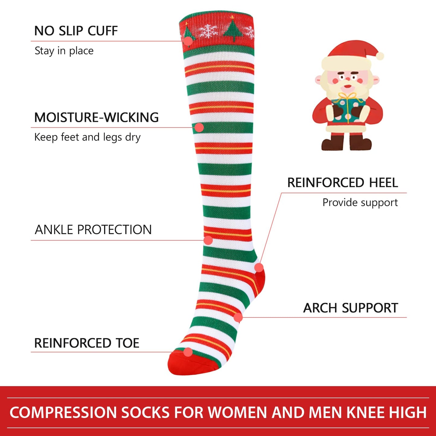Junely Compression Socks for Women Christmas Striped Knee High Stockings for Running Athletic Nurses Pregnant Women Work Support Travel Flight Sports Gifts Red Green
