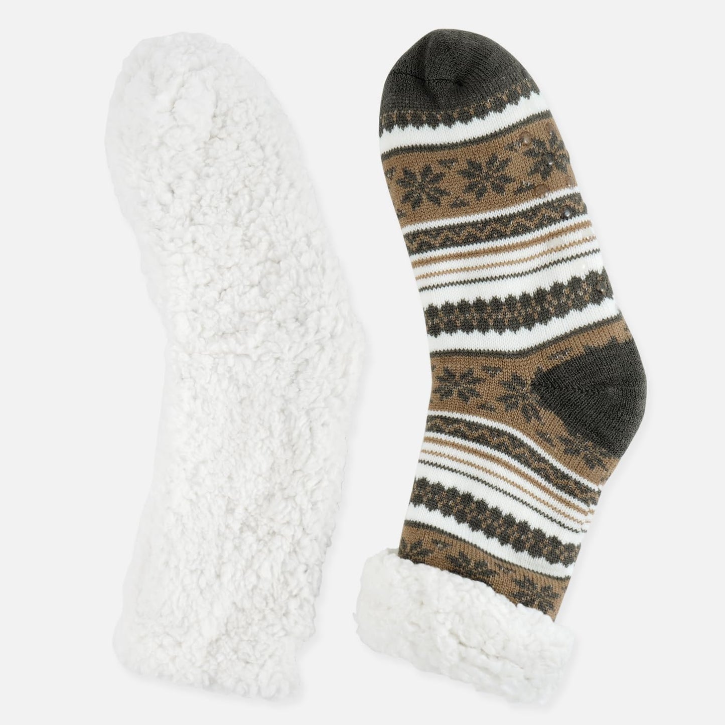 Junely Slipper Socks for Men with Grippers Fuzzy Cozy Fluffy Non Slip Warm Winter Thick Comfy Soft Fleece Cabin Socks Christmas Gifts Snowflake Brown
