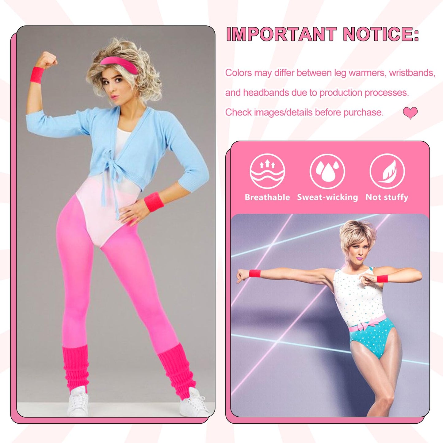 Junely 80s Accessories for Women Neon Leg Warmers Headband and Wristbands Set Knit Legwarmers for Ballet Dance Figure Skating Ice Skating Boot Pink