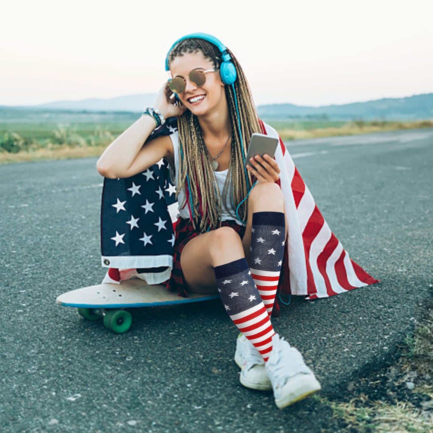 Junely Compression Socks for Women American flag Knee High Stockings for 4th of July Running Athletic Nurses Pregnant Women Work Support Travel Flight Sports Gifts Red White Blue