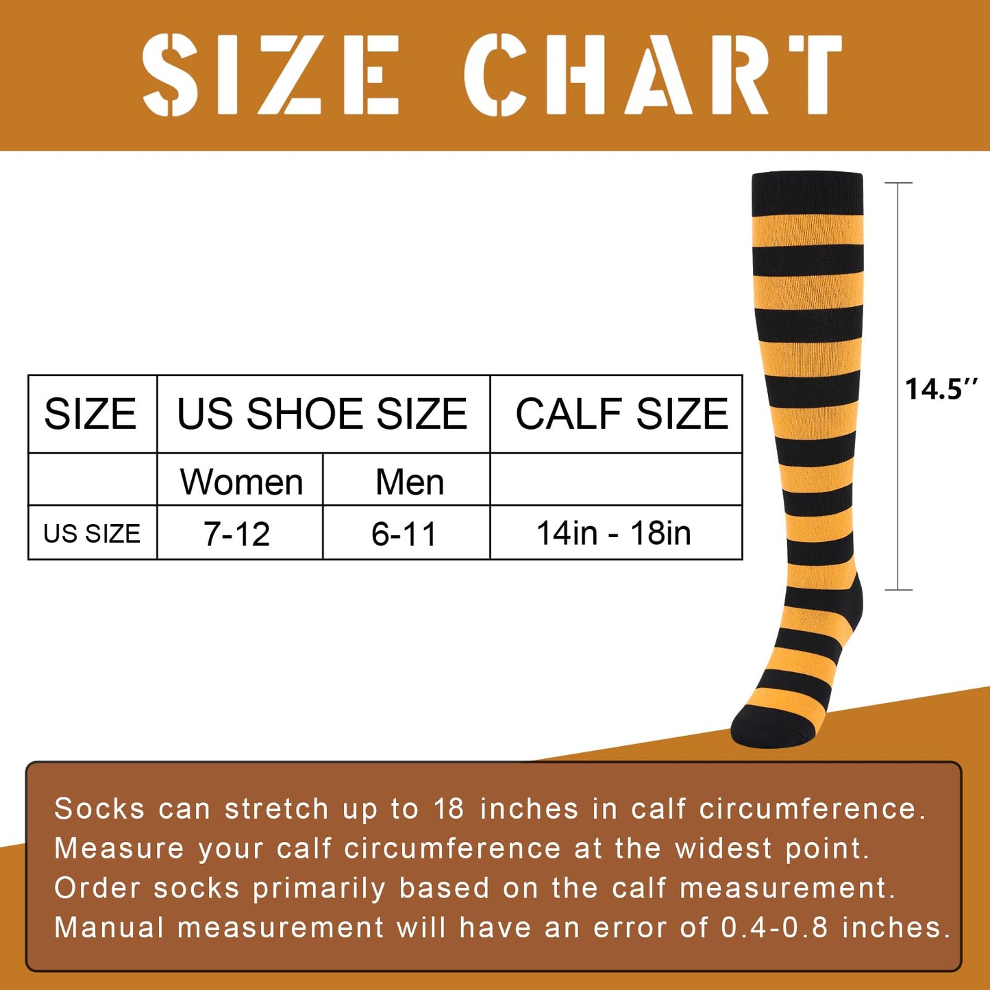 Junely Compression Socks for Women Striped Knee High Stockings for Halloween Running Athletic Nurses Pregnant Women Work Support Travel Flight Sports Gifts Orange and Black