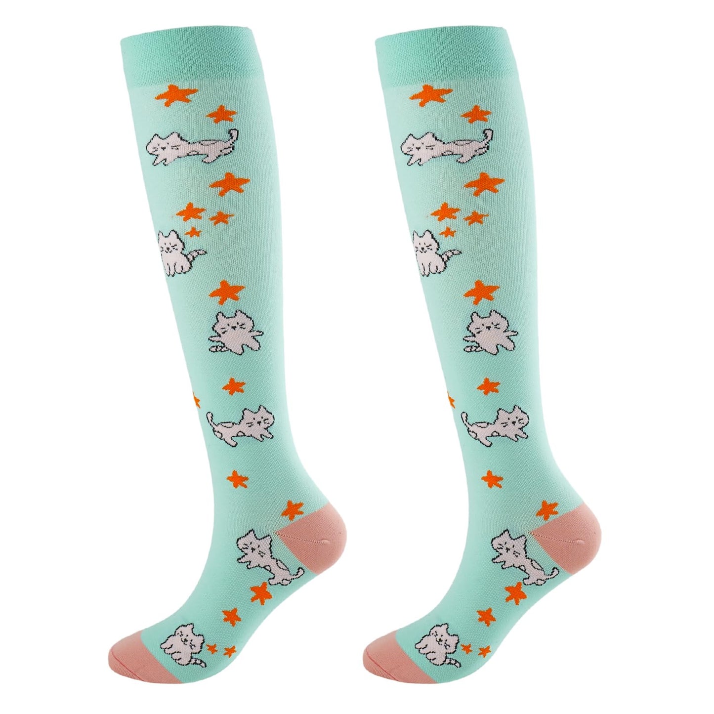 Junely Compression Socks for Women Cat Knee High Stockings for Running Athletic Nurses Pregnant Women Work Support Travel Flight Sports Cat Gifts Blue