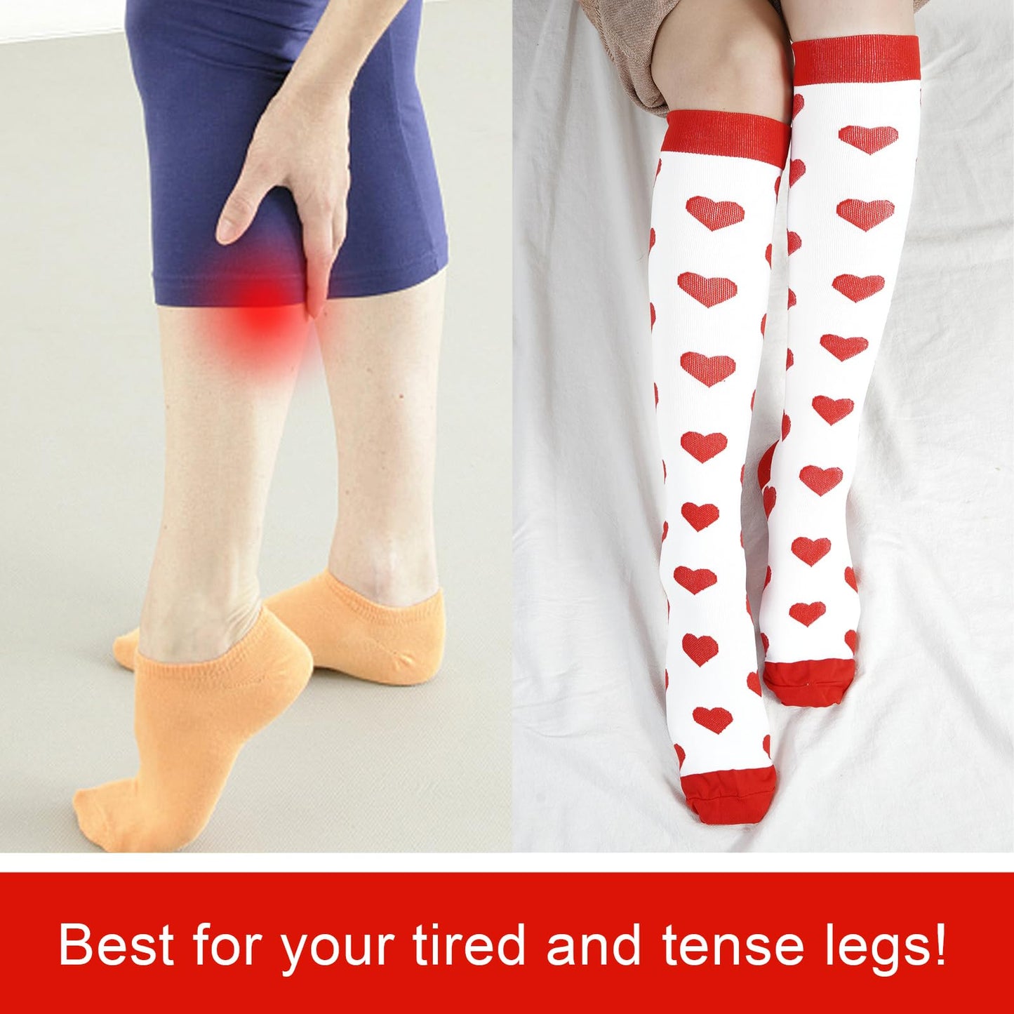 Junely Valentines Day Compression Socks for Women 20-30 mmhg Knee High Heart Socks for Valentine Running Athletic Nurses Pregnant Women Work Support Travel Flight Sports White