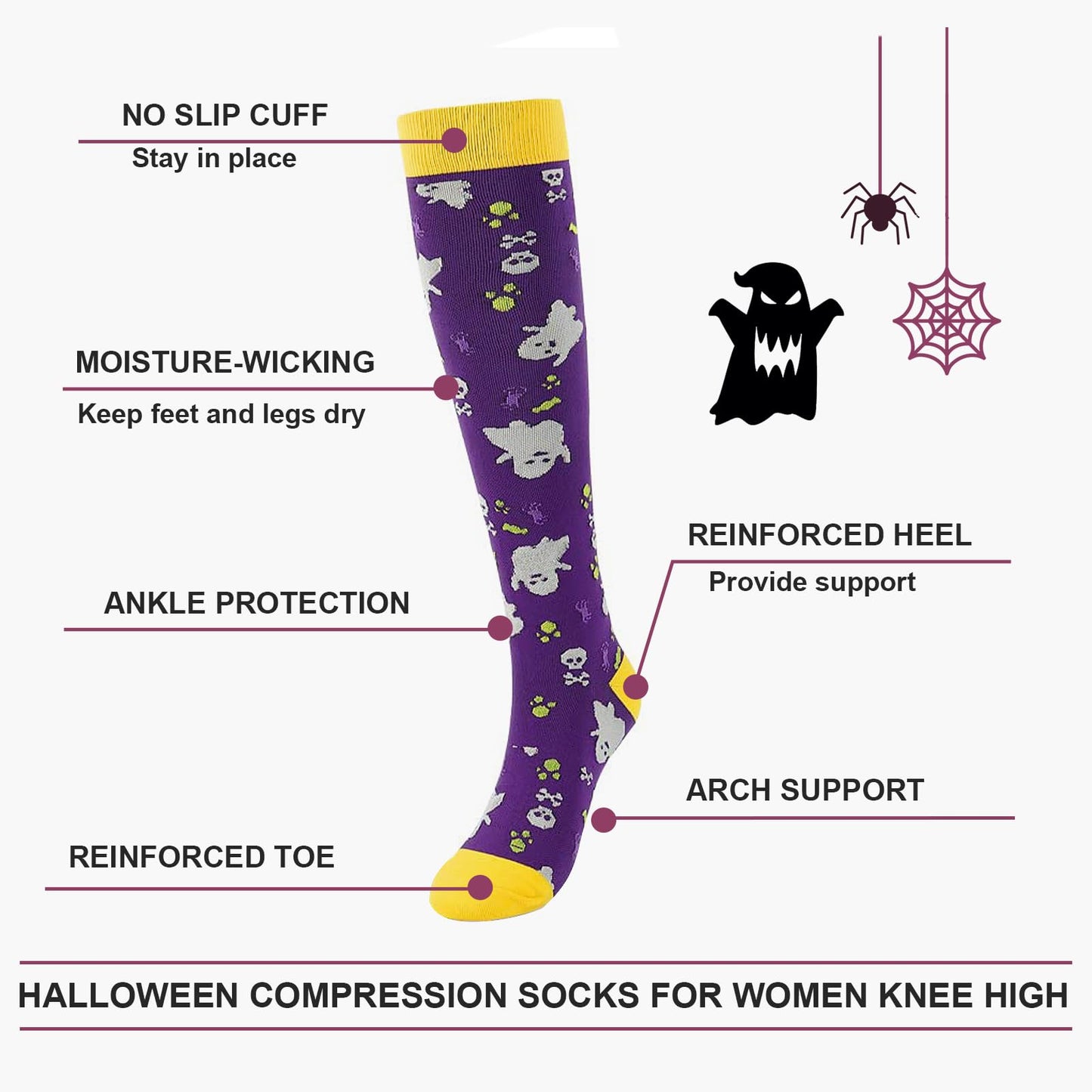 Junely Halloween Compression Socks for Women Ghost Knee High Stockings for Running Athletic Nurses Pregnant Women Work Support Travel Flight Sports Gifts Purple