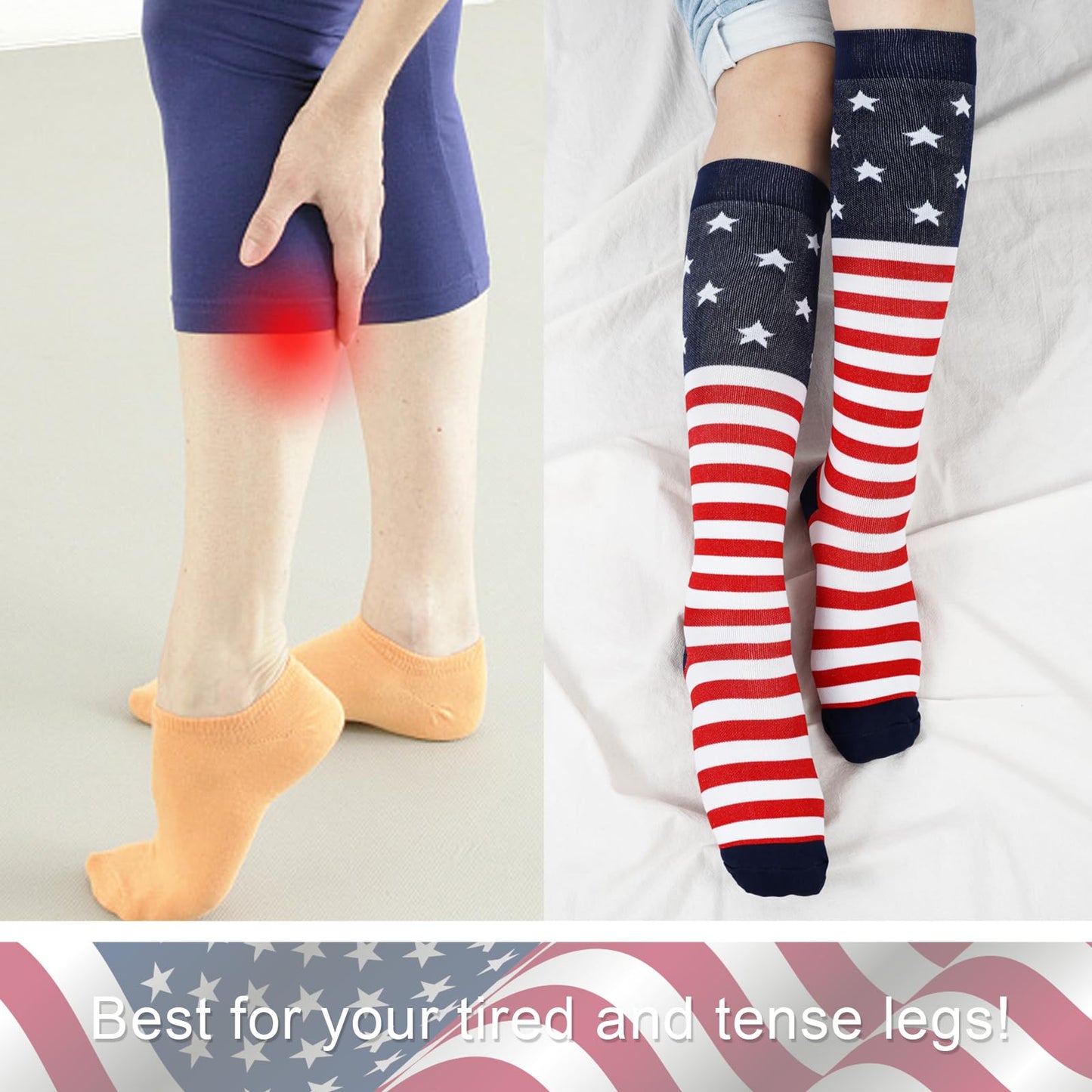 Junely American Flag Compression Socks for Women Patriotic Knee High Socks for 4th of July Running Athletic Nurses Pregnant Women Work Support Travel Flight Sports Gifts Red White Blue