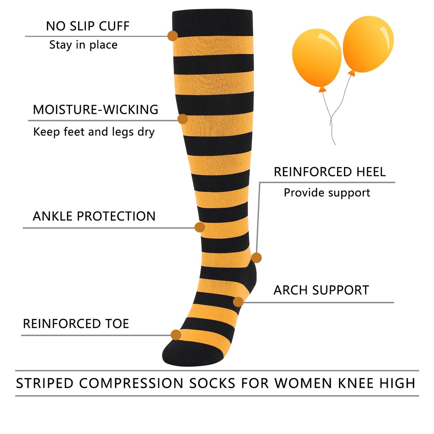 Junely Compression Socks for Women Striped Knee High Stockings for Halloween Running Athletic Nurses Pregnant Women Work Support Travel Flight Sports Gifts Orange and Black