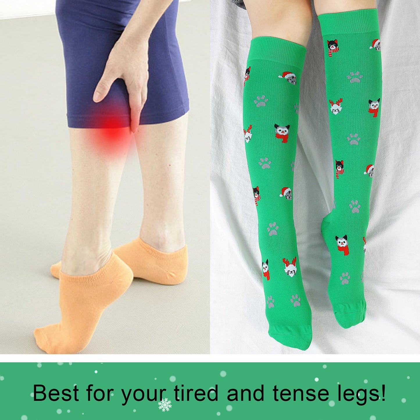 Junely Christmas Compression Socks for Women Knee High Christmas Cat Socks for Running Athletic Nurses Pregnant Women Work Support Travel Flight Sports Gifts Green