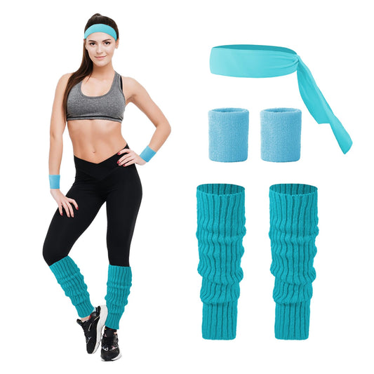 Junely 80s Accessories for Women Neon Leg Warmers Headband and Wristbands Set Knit Legwarmers for Ballet Dance Figure Skating Ice Skating Boot Blue