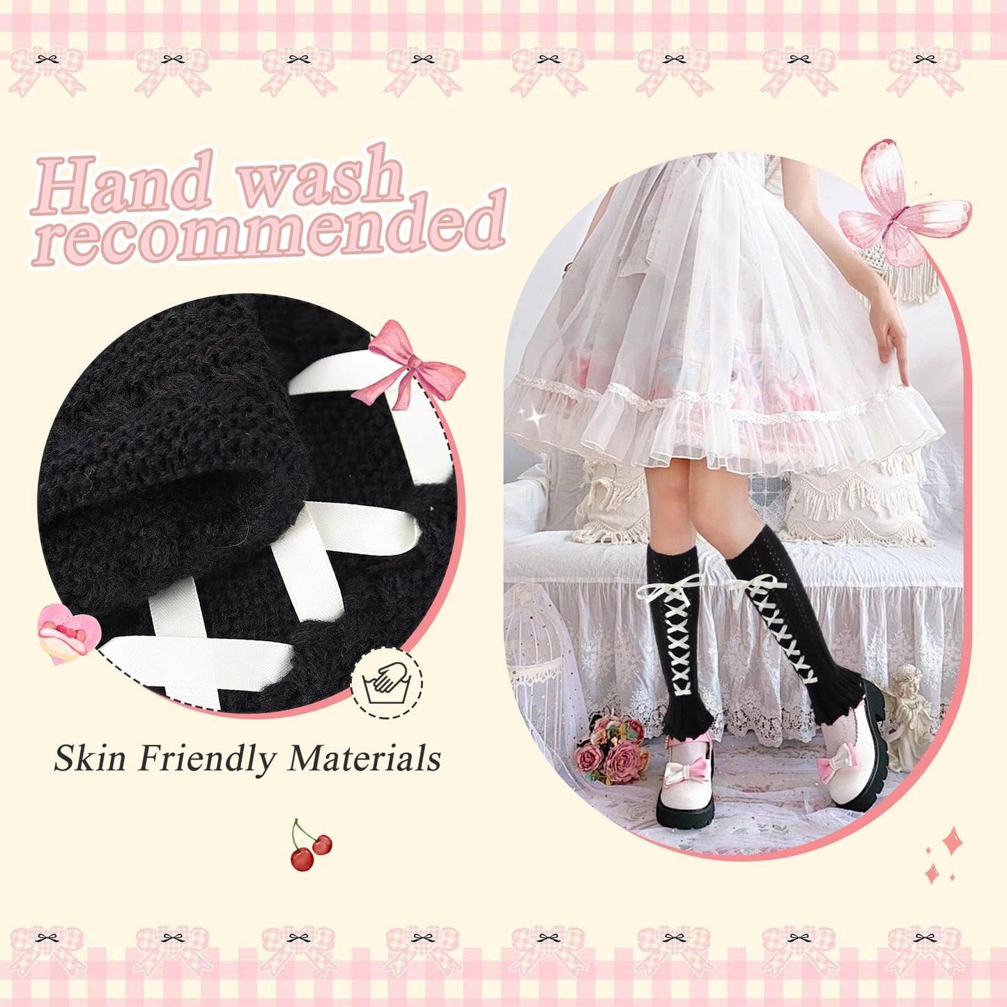 Junely Leg Warmers for Women Kawaii Leg Warmer Cute Legwarmers with Bows Cutecore Lolita Harajuku Gyaru Japanese Accessories Black