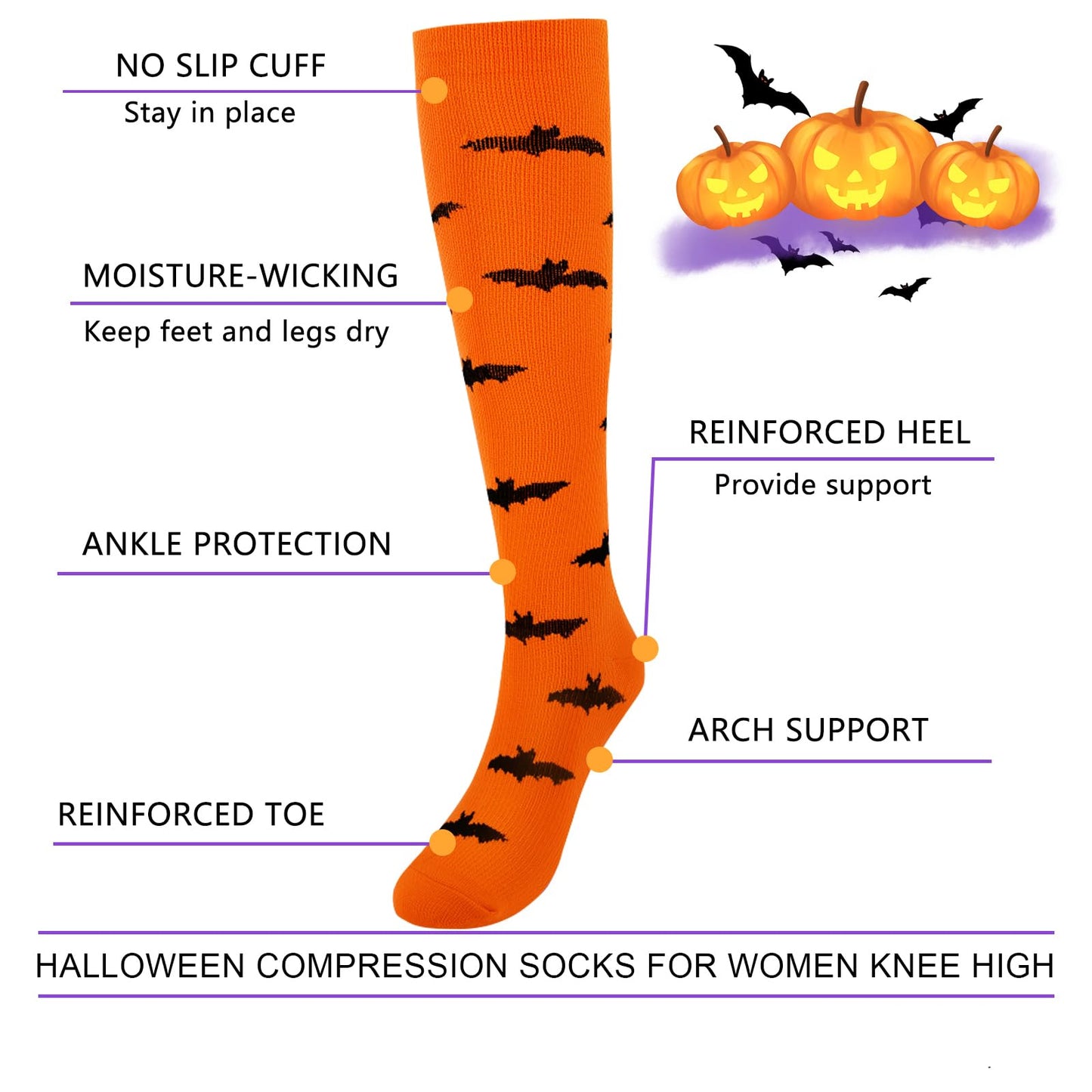 Junely Halloween Compression Socks for Women Knee High Pumpkin Bat Socks for Running Athletic Nurses Pregnant Women Work Support Travel Flight Sports Gifts Orange Purple Black