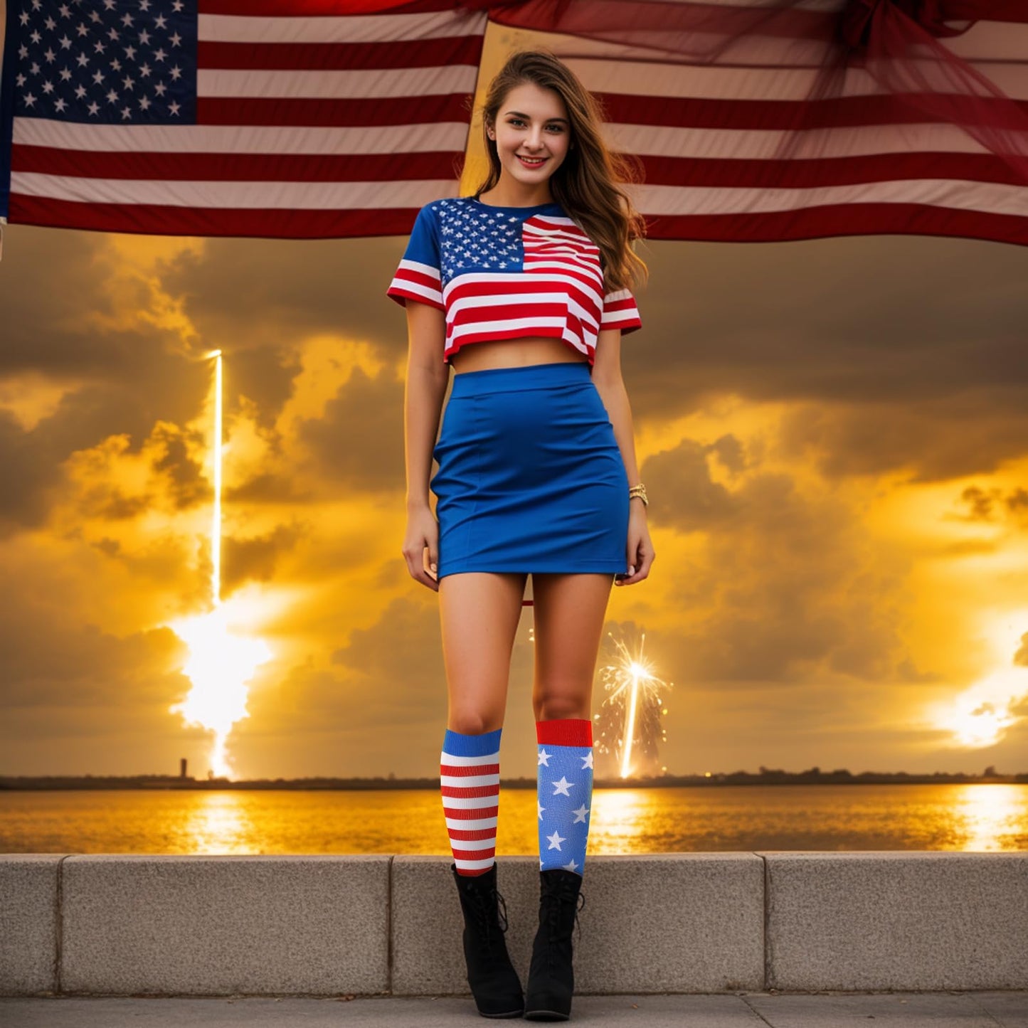 Junely American Flag Compression Socks for Women 20-30 mmhg Patriotic Knee High Socks for 4th of July Running Athletic Nurses Pregnant Women Work Support Travel Flight Sports Gifts Red White Blue