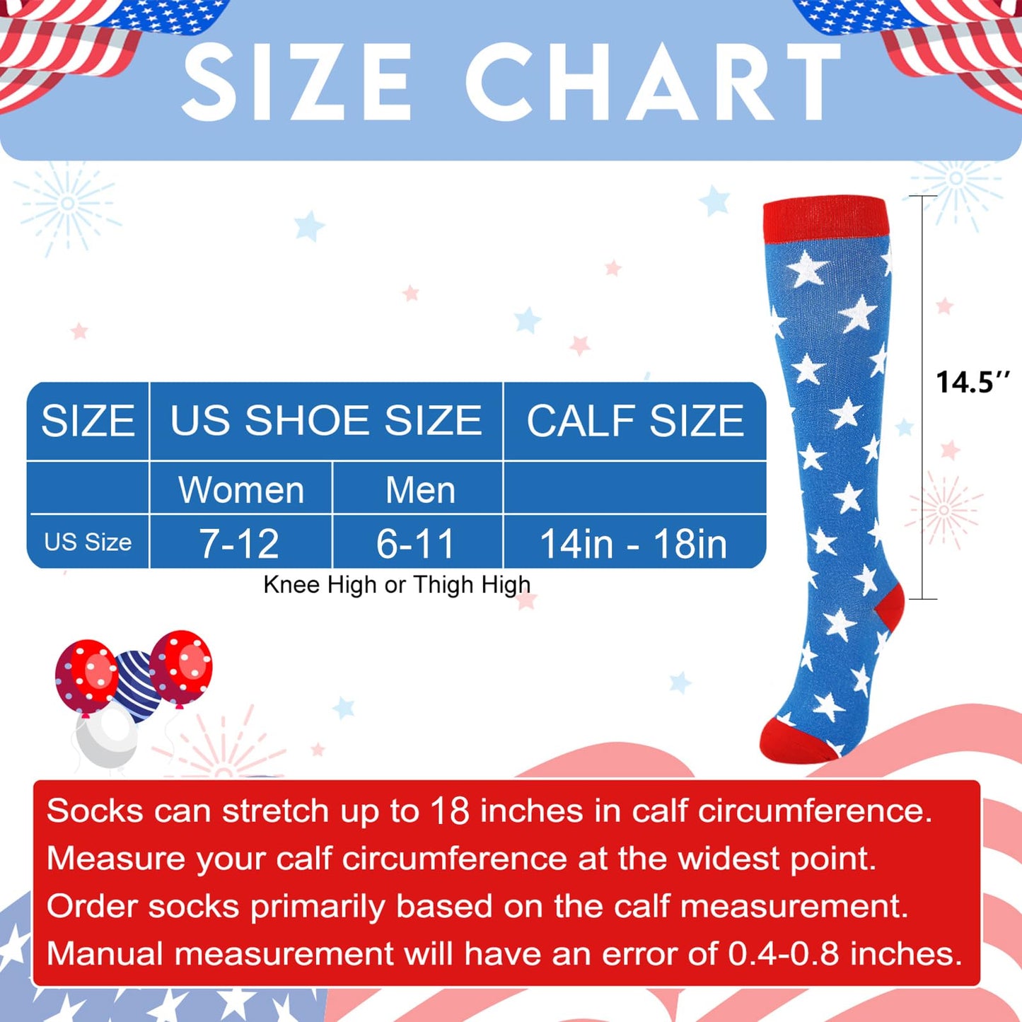 Junely American flag Compression Socks for Women 20-30 mmhg Knee High Patriotic Socks for Running Athletic Nurses Pregnant Women Work Support Travel Flight Sports Blue