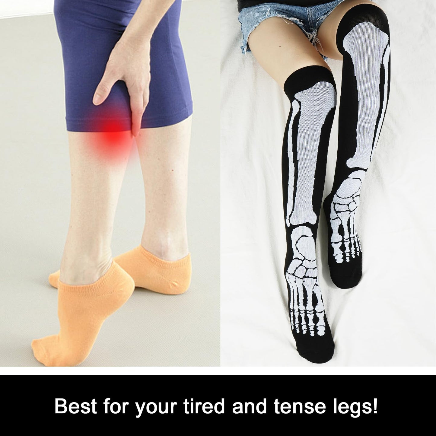 Junely Halloween Compression Socks for Women 20-30 mmhg Skeleton Knee High Socks for Running Athletic Nurses Pregnant Women Work Support Travel Flight Sports Gifts Black
