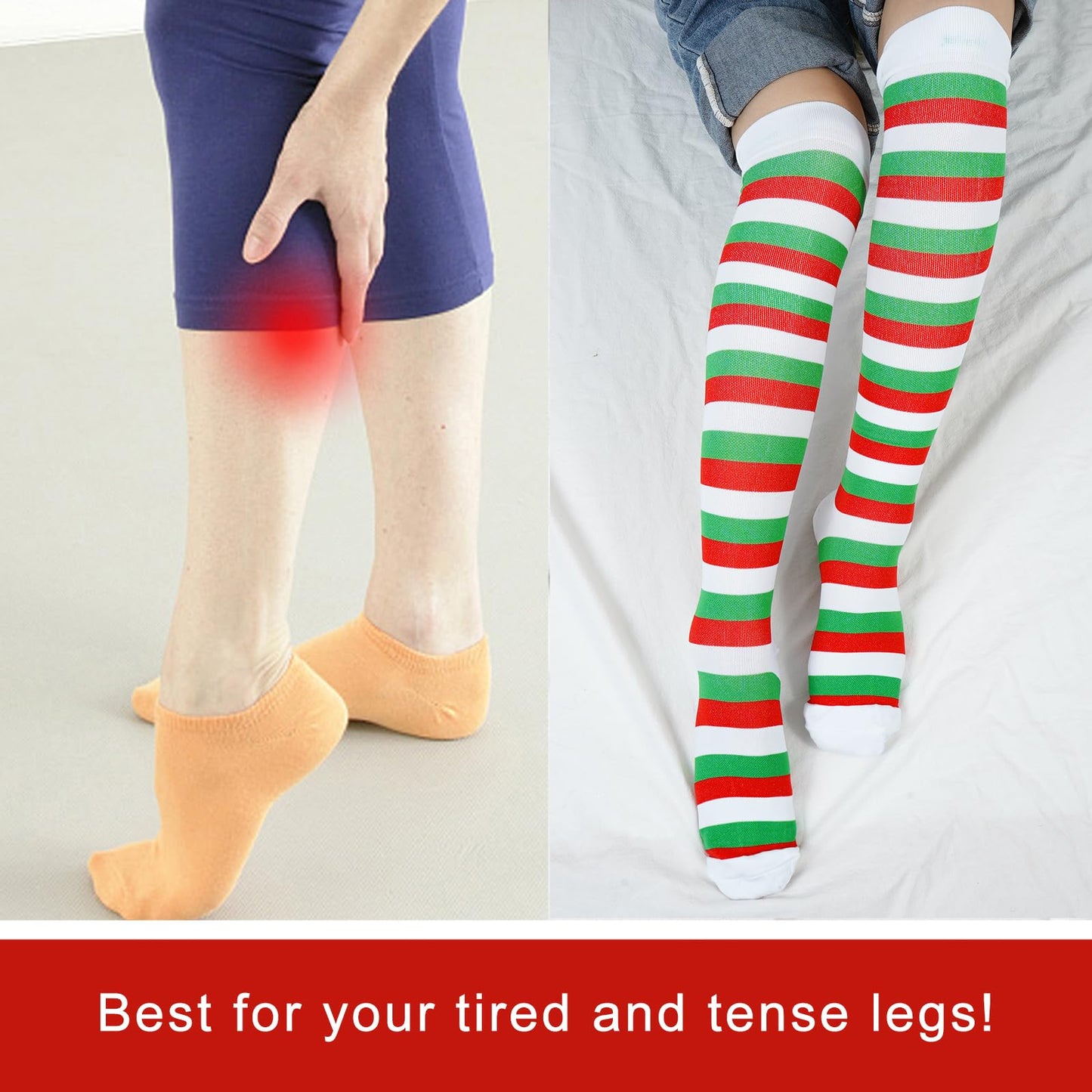 Junely Christmas Compression Socks for Women Knee High Striped Socks for Running Athletic Nurses Pregnant Women Work Support Travel Flight Sports Gifts Red Green