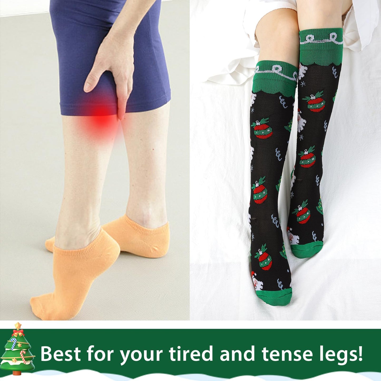 Junely Christmas Compression Socks for Women Knee High Christmas Tree Socks for Running Athletic Nurses Pregnant Women Work Support Travel Flight Sports Gifts Green Black