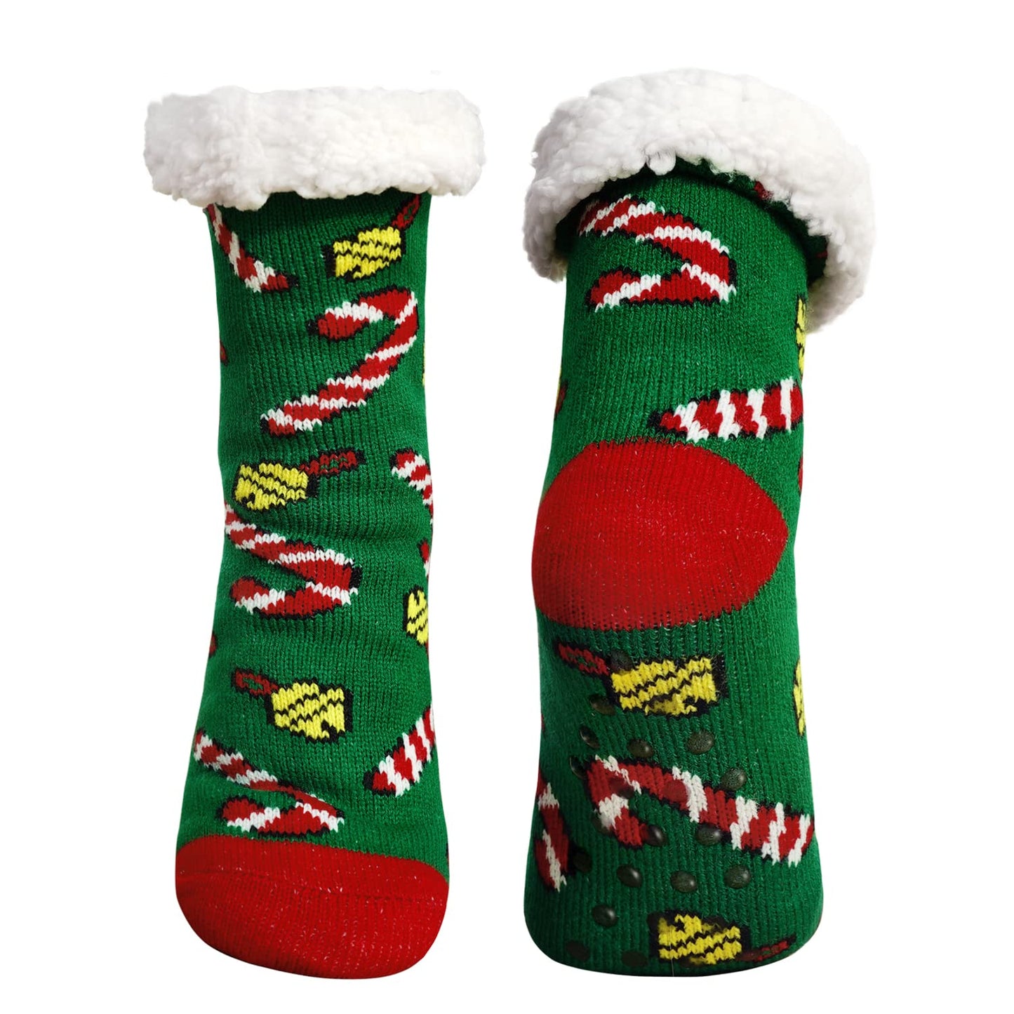 Junely Christmas Slipper Socks for Women with Grippers Non Slip Fuzzy Grip Winter Warm Cozy Thick Comfy Soft Fleece Cabin Socks Green