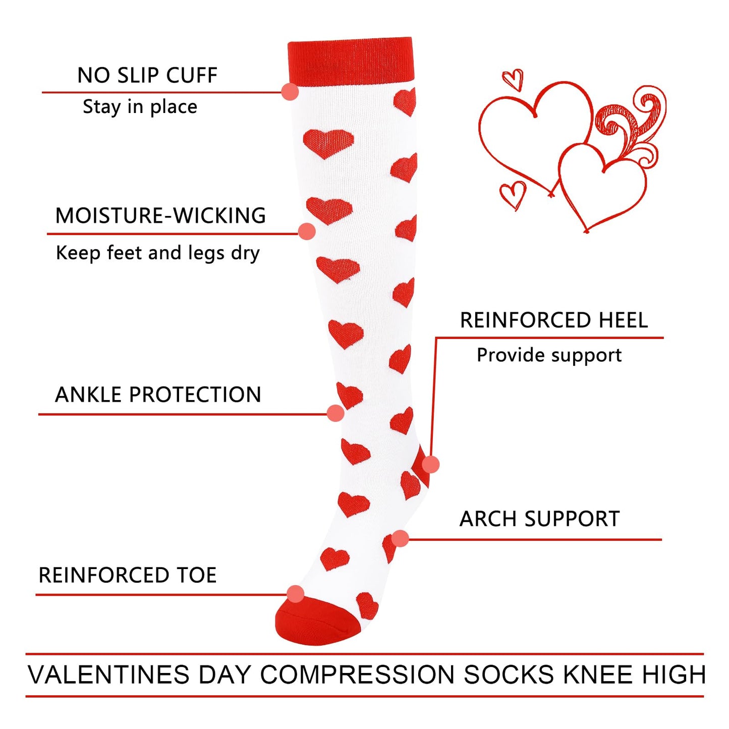 Junely Valentines Day Compression Socks for Women 20-30 mmhg Knee High Heart Socks for Valentine Running Athletic Nurses Pregnant Women Work Support Travel Flight Sports White