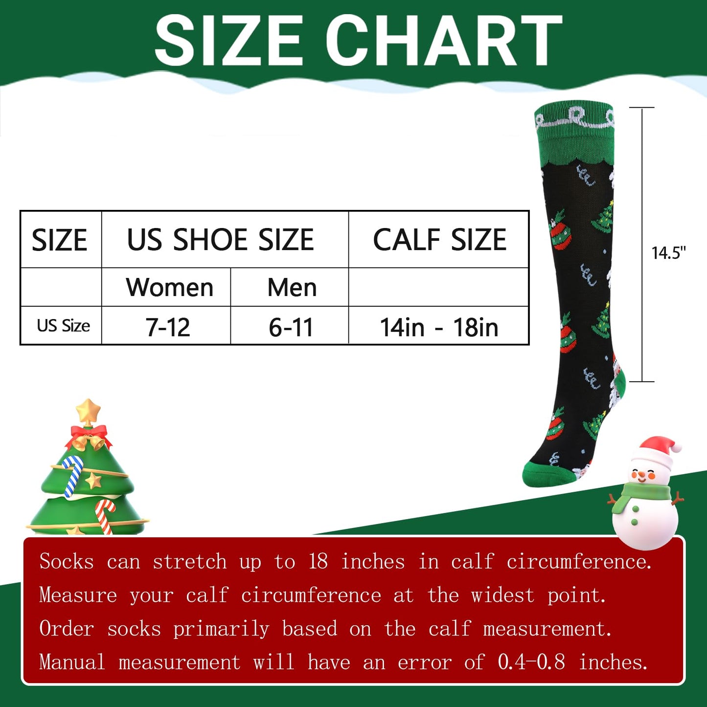 Junely Christmas Compression Socks for Women Knee High Christmas Tree Socks for Running Athletic Nurses Pregnant Women Work Support Travel Flight Sports Gifts Green Black