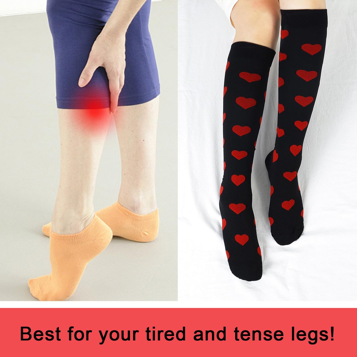 Junely Valentines Day Compression Socks for Women Knee High Heart Socks for Valentine Running Athletic Nurses Pregnant Women Work Support Travel Flight Sports Red White Black