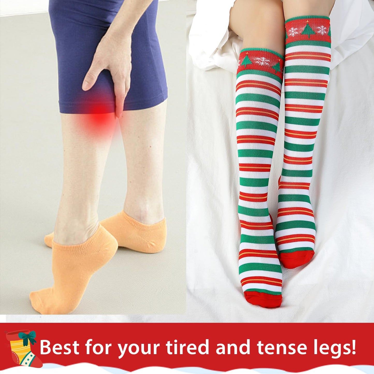 Junely Compression Socks for Women Christmas Striped Knee High Stockings for Running Athletic Nurses Pregnant Women Work Support Travel Flight Sports Gifts Red Green