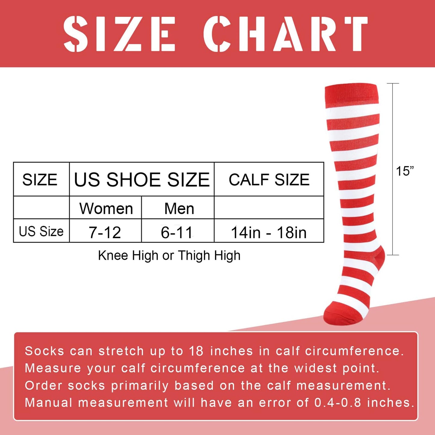 Junely Compression Socks for Women Striped Knee High Stockings for Christmas Halloween Running Athletic Nurses Pregnant Women Work Support Travel Flight Sports Gifts Red White