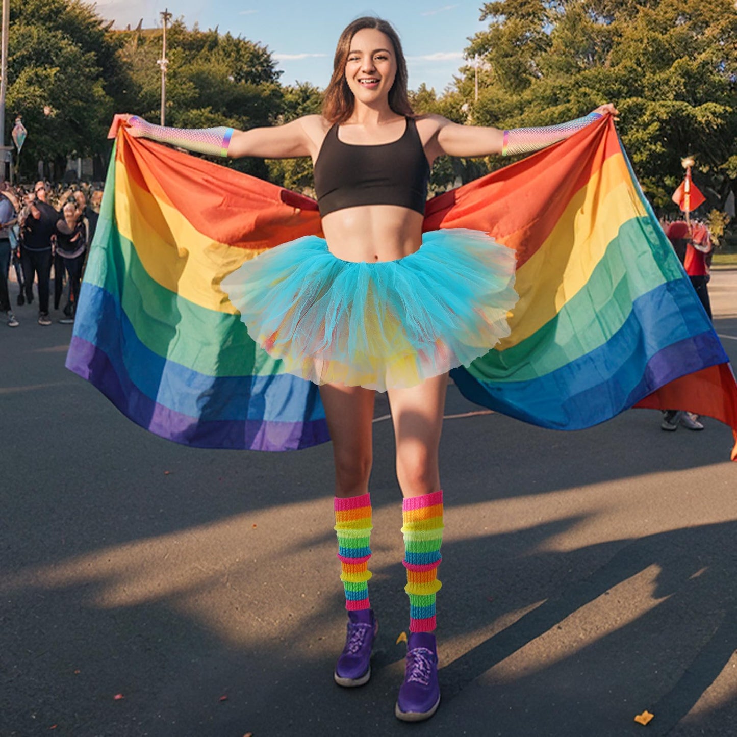 Junely Rainbow Tutu for Women Adults and Leg Warmers and Fingerless Gloves Pride Accessories for Ballet Dance Running