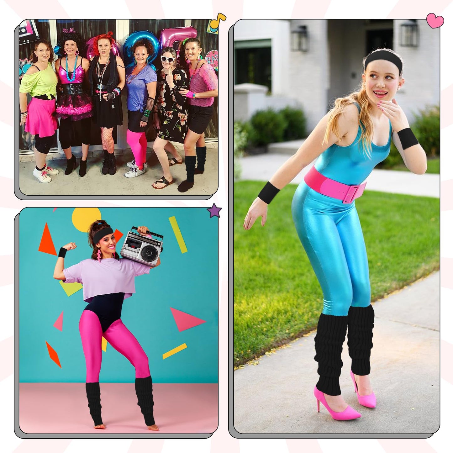Junely 80s Accessories for Women Neon Leg Warmers Headband and Wristbands Set Knit Legwarmers for Ballet Dance Figure Skating Ice Skating Boot Black