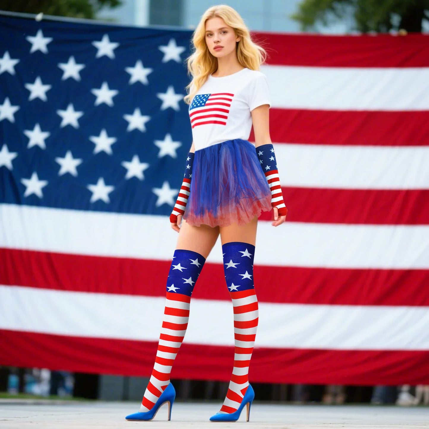Junely American Flag Tutu for Women Adults Striped Thigh High Socks Fingerless Gloves 4th of July Costumes Accessories