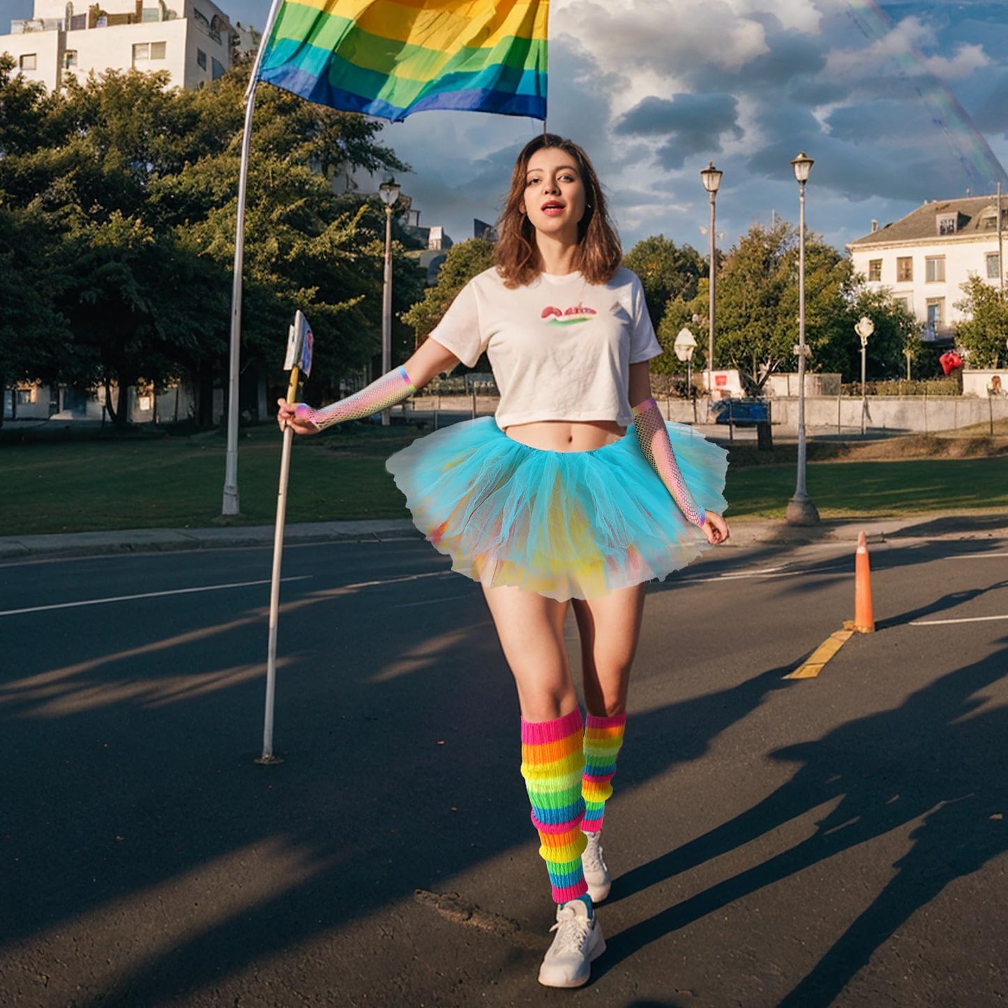 Junely Rainbow Tutu for Women Adults and Leg Warmers and Fingerless Gloves Pride Accessories for Ballet Dance Running