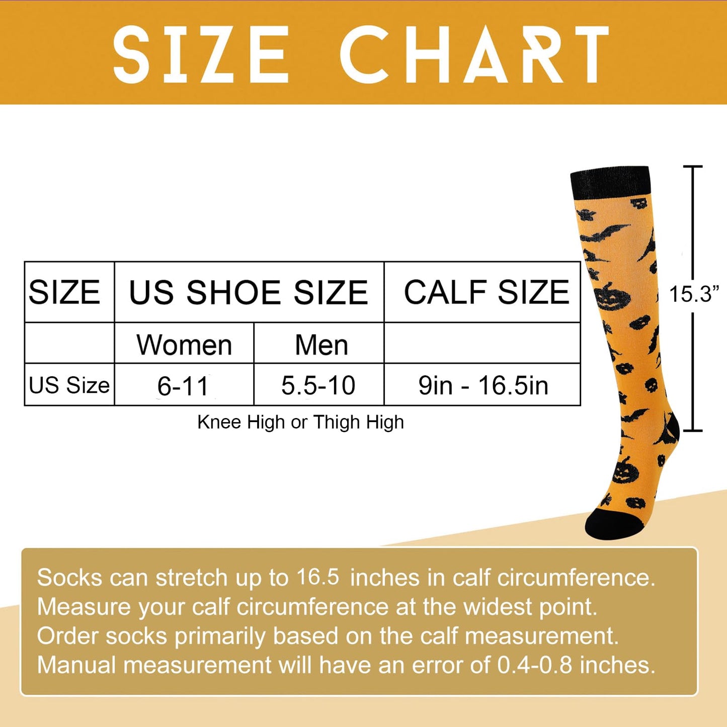 Junely Halloween Compression Socks for Women Witch Knee High Stockings for Running Athletic Nurses Pregnant Women Work Support Travel Flight Sports Gifts Orange