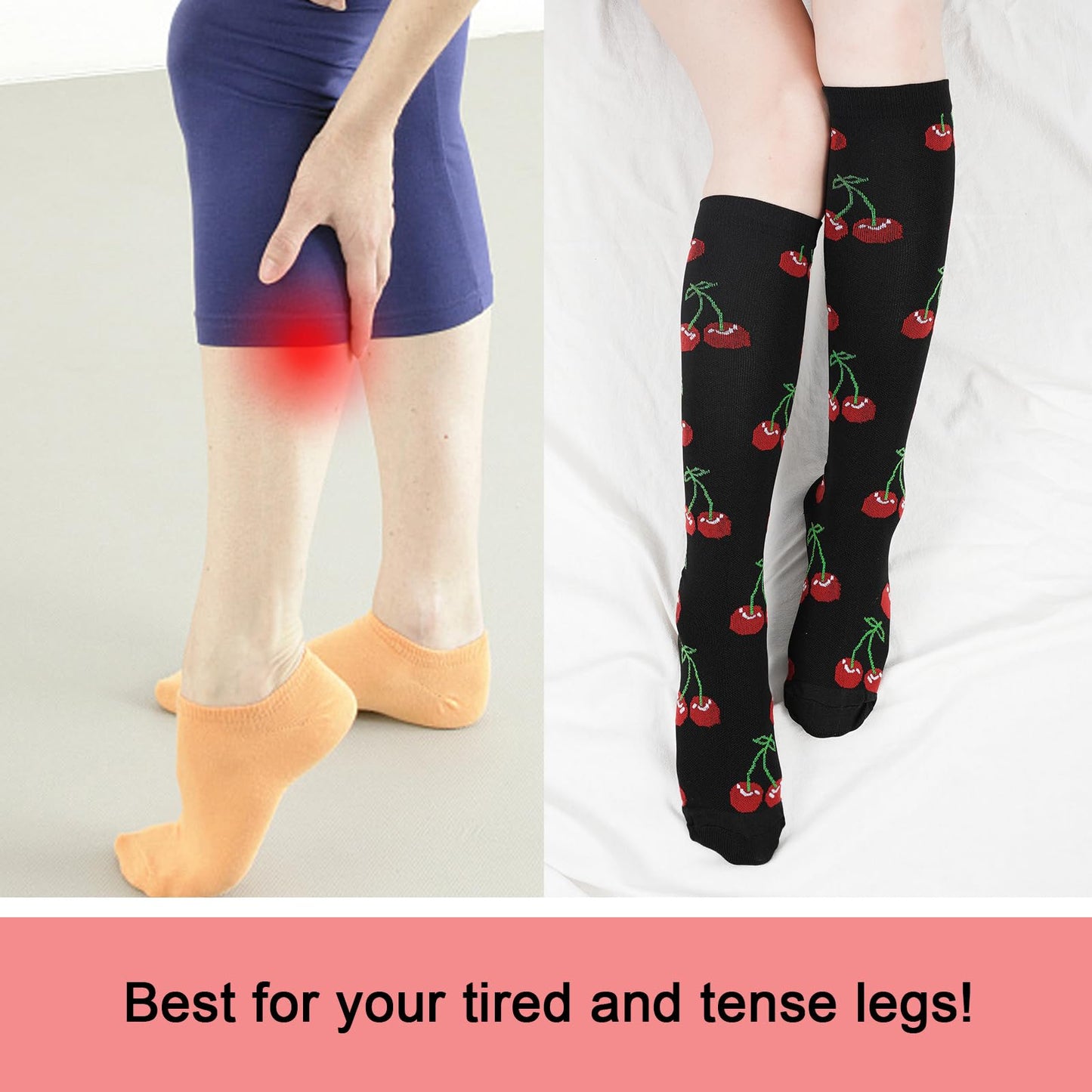 Junely Compression Socks for Women 20-30 mmhg Cherry Knee High Socks for Running Athletic Nurses Pregnant Women Work Support Travel Flight Sports Black