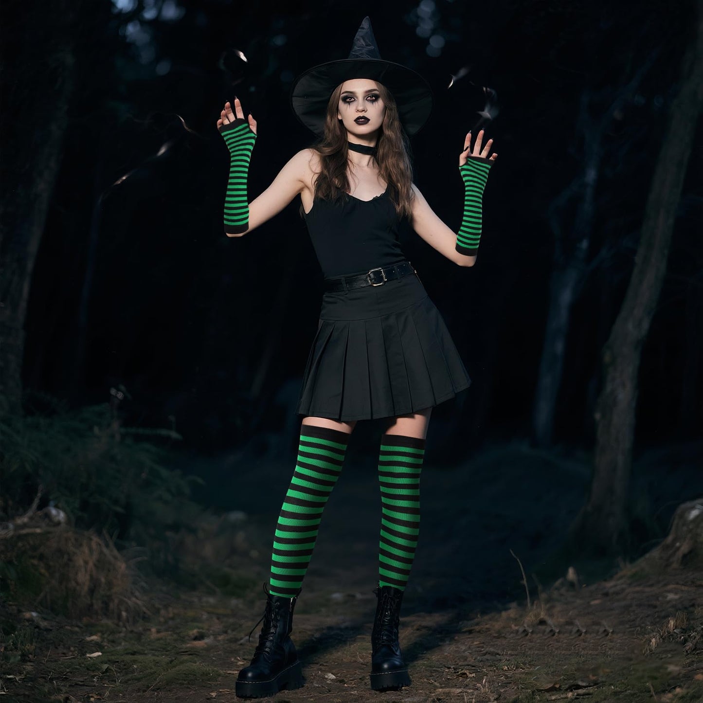 Junely Striped Thigh High Socks Over the Knee Stockings Extra Long Halloween Cosplay Costume Accessories Gifts Green and Black