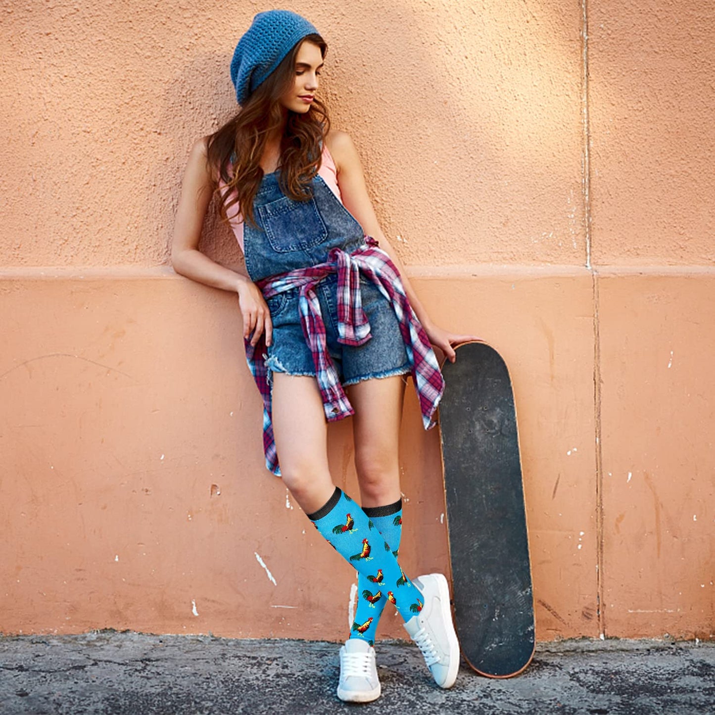 Junely Compression Socks for Women Chicken Rooster Knee High Stockings for Running Athletic Nurses Pregnant Women Work Support Travel Flight Sports Gifts Blue