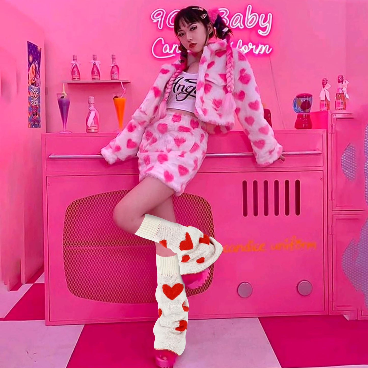 Junely Leg Warmers for Women Winter Kawaii Leg Warmer Cute Heart Legwarmers Japanese Socks Valentines Day Halloween Emo Lolita Gyaru Harajuku Accessories Red