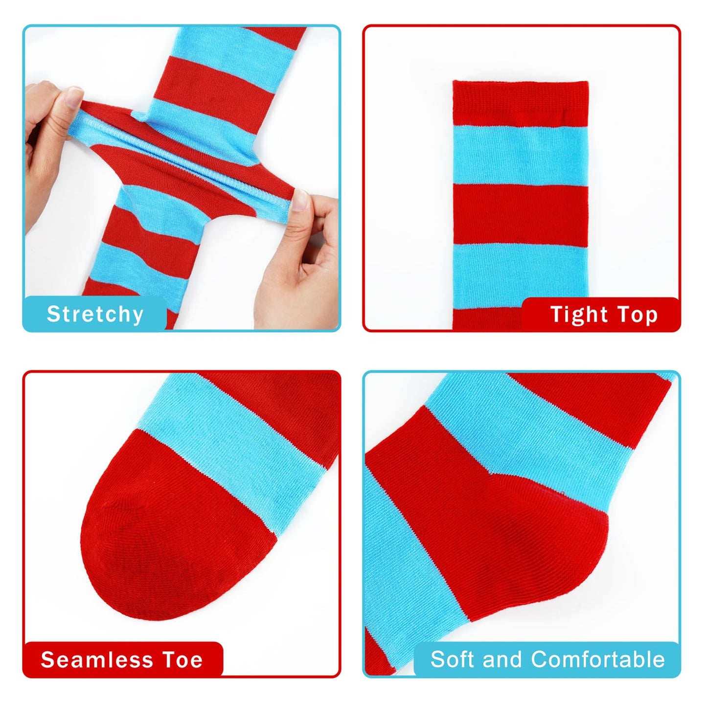 Junely Red and Blue Striped Thigh High Socks Over the Knee Stockings Extra Long Gifts Halloween Cosplay Costumes Accessories Gifts