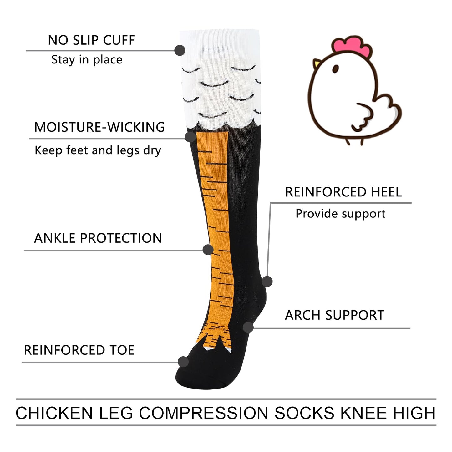 Junely Compression Socks for Women Knee High Chicken Leg Socks for Halloween Thanksgivings Christmas Running Athletic Nurses Pregnant Women Work Support Travel Flight Sports Gifts Black