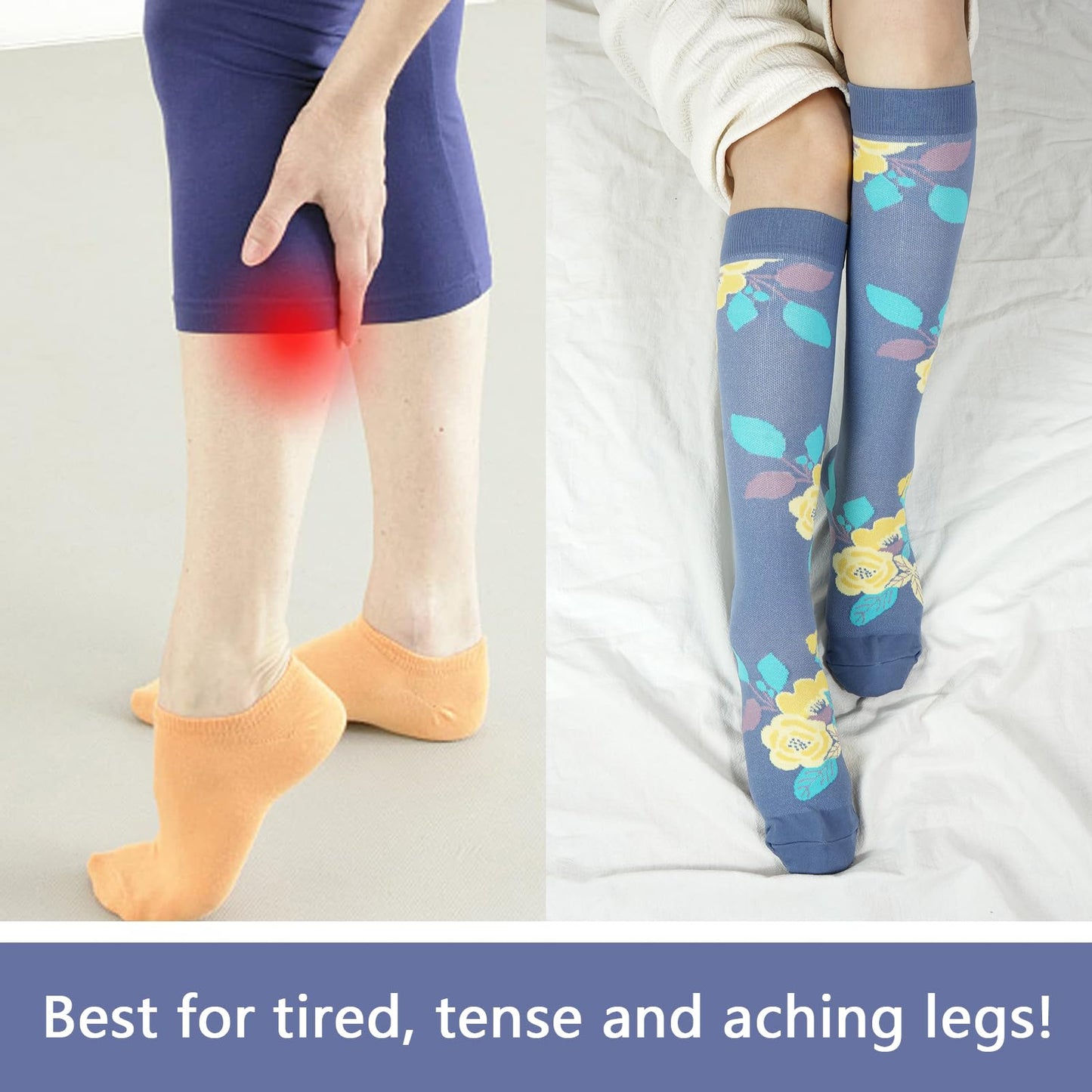 Junely Compression Socks for Women Floral Knee High Stockings for Running Nurses Support Travel Pregnancy Gifts Purple White