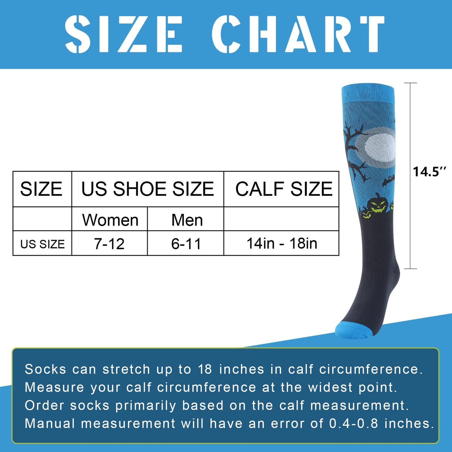Junely Halloween Compression Socks for Women 20-30 mmhg Knee High Pumpkin Bat Socks for Running Athletic Nurses Pregnant Women Work Support Travel Flight Sports Gifts Blue