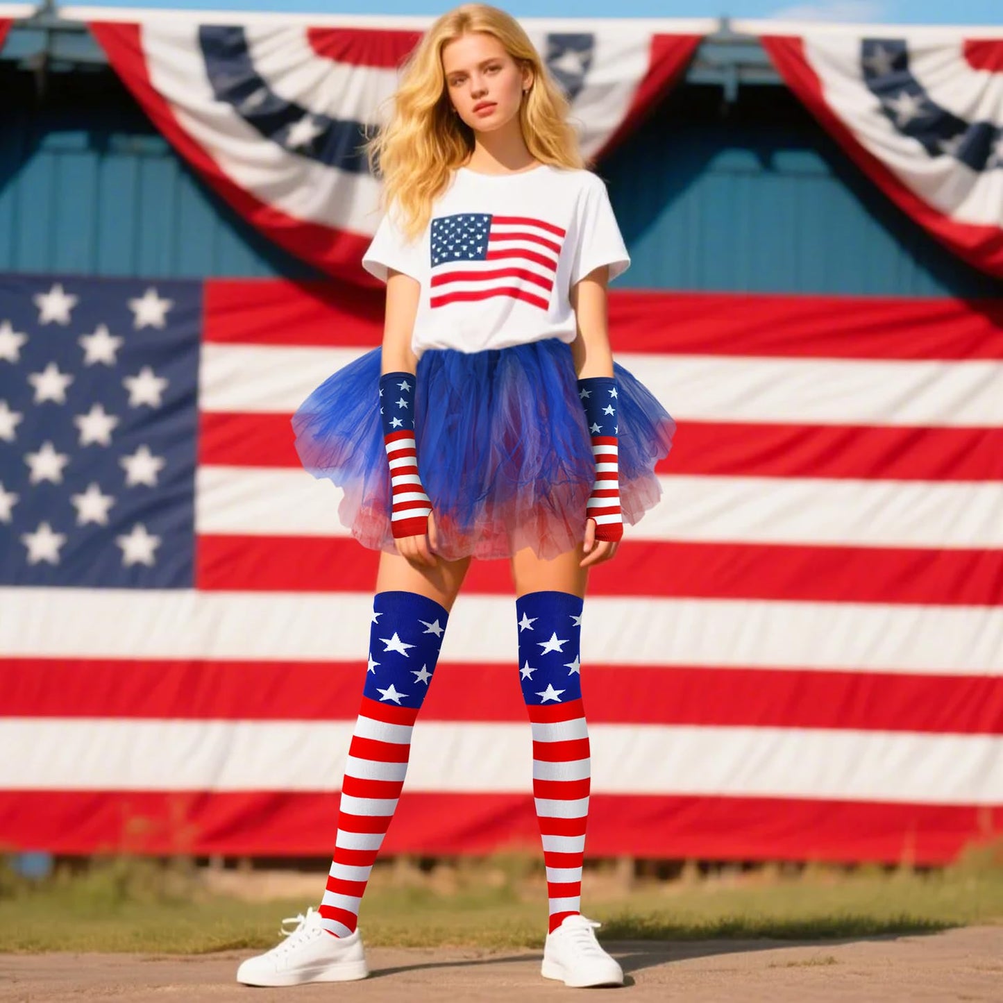 Junely American Flag Tutu for Women Adults Striped Thigh High Socks Fingerless Gloves 4th of July Costumes Accessories