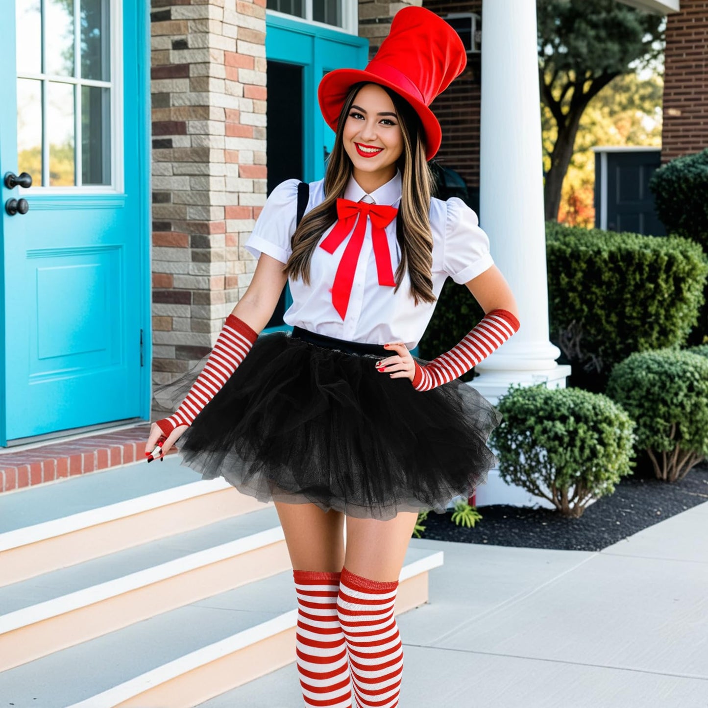 Junely Tutu for Women Adults Red and White Striped Thigh High Socks Fingerless Gloves Halloween Costumes Accessories