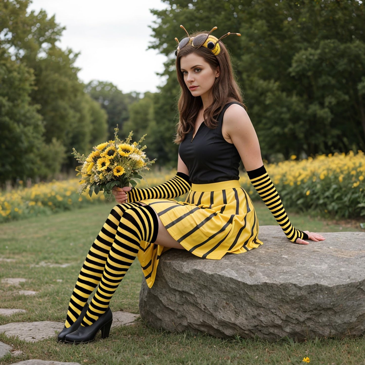 Junely Bee Thigh High Socks and Gloves Yellow Striped Fingerless Gloves and Socks Set Halloween Cosplay Costume Accessories