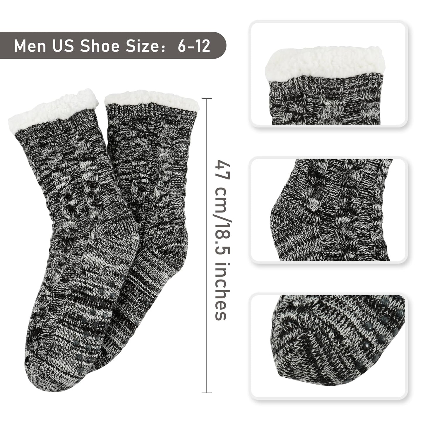 Junely Slipper Socks for Men with Grippers Fuzzy Cozy Fluffy Non Slip Warm Winter Thick Comfy Soft Fleece Cabin Socks Gifts Grey