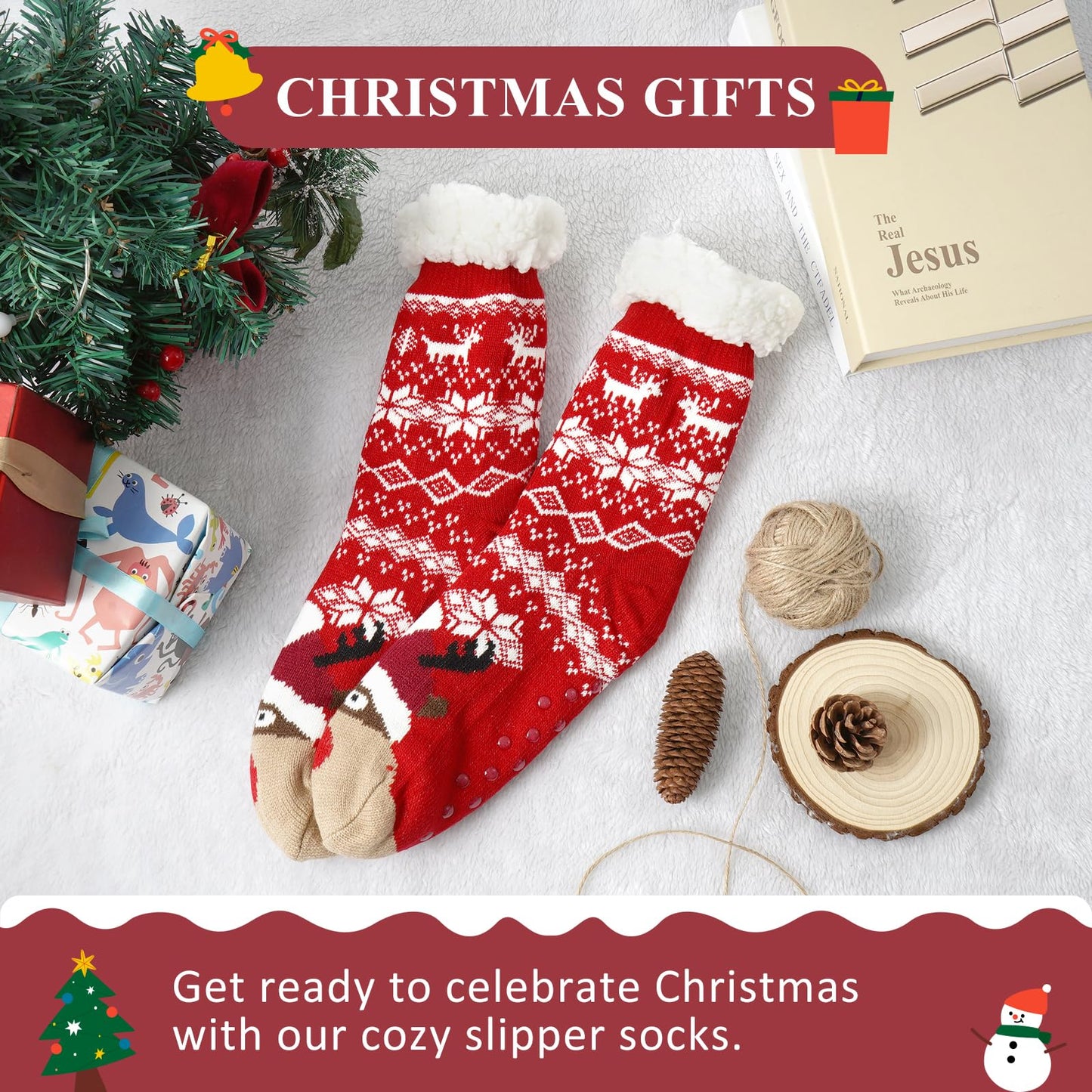 Junely Christmas Slipper Socks with Grips for Women Deer Fuzzy Cozy Fluffy Non Slip Warm Winter Thick Comfy Soft Fleece Cabin Socks Red