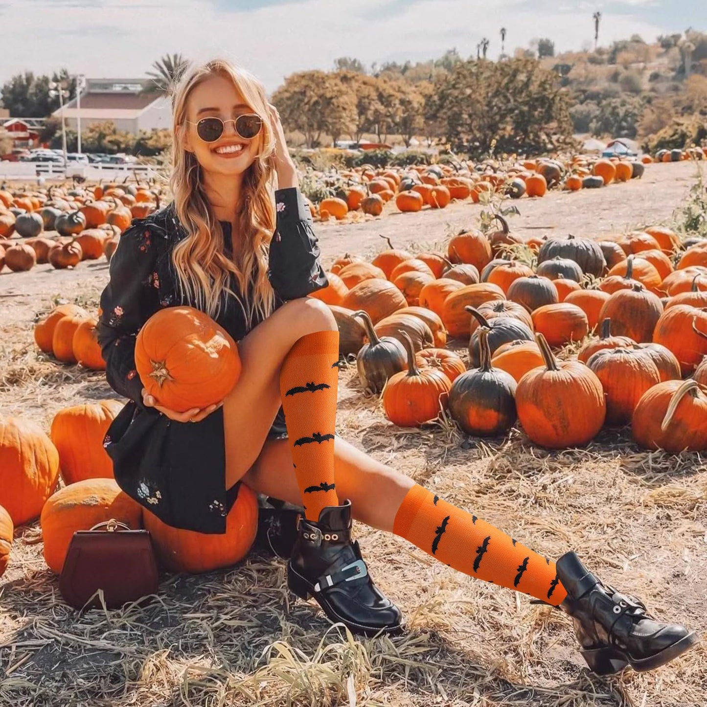 Junely Halloween Compression Socks for Women Knee High Pumpkin Bat Socks for Running Athletic Nurses Pregnant Women Work Support Travel Flight Sports Gifts Orange Purple Black