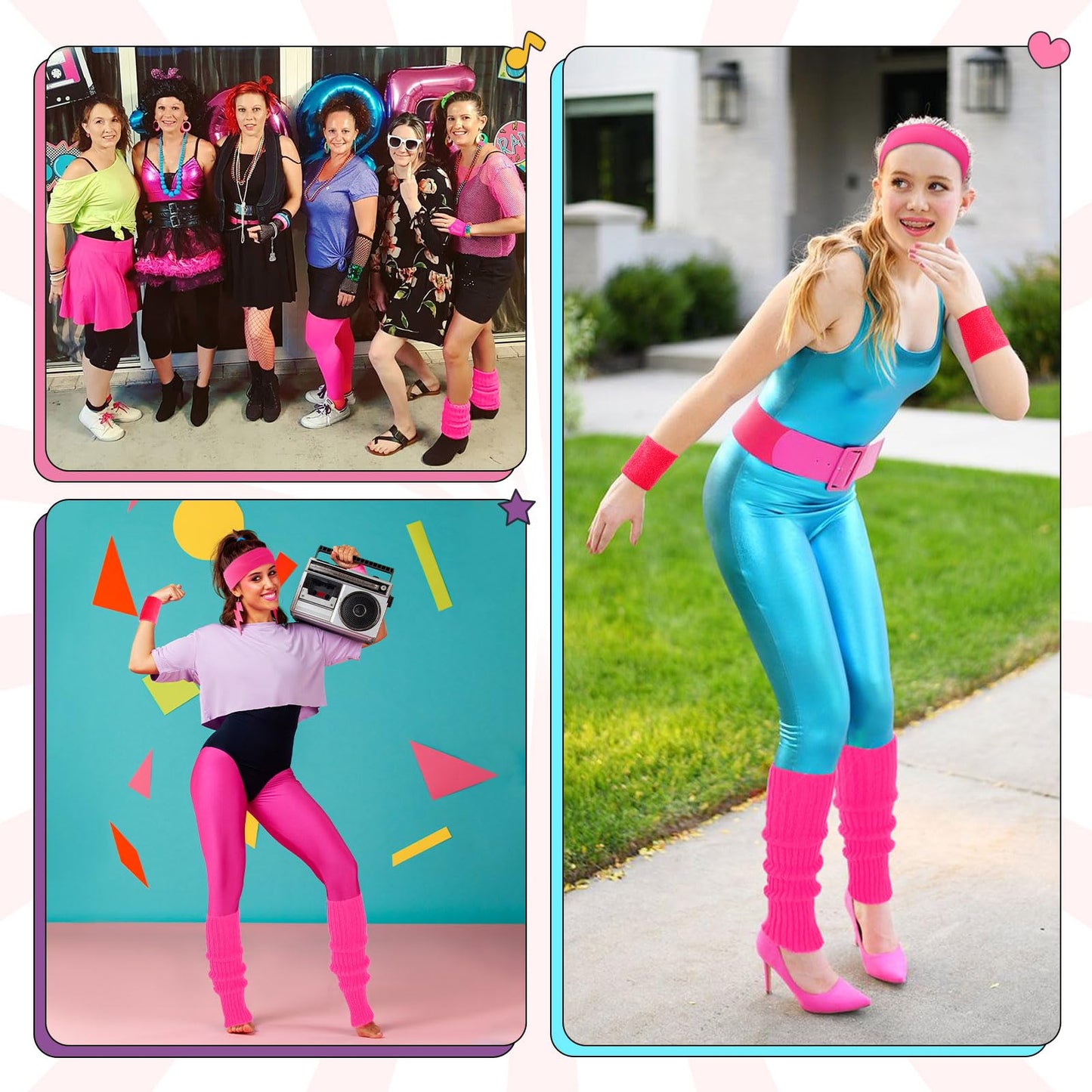 Junely 80s Accessories for Women Neon Leg Warmers Headband and Wristbands Set Knit Legwarmers for Ballet Dance Figure Skating Ice Skating Boot Pink