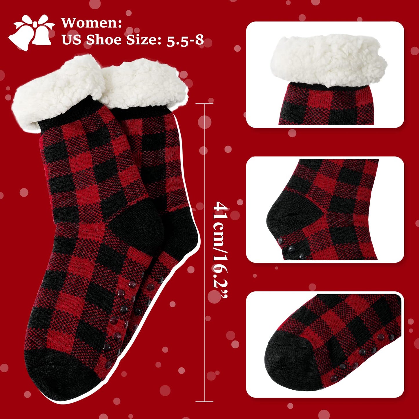 Junely Christmas Slipper Socks with Grippers for Women Non Slip Fuzzy Fluffy Cozy Warm Soft Comfy Thick Fleece Cabin Socks Red Buffalo Plaid