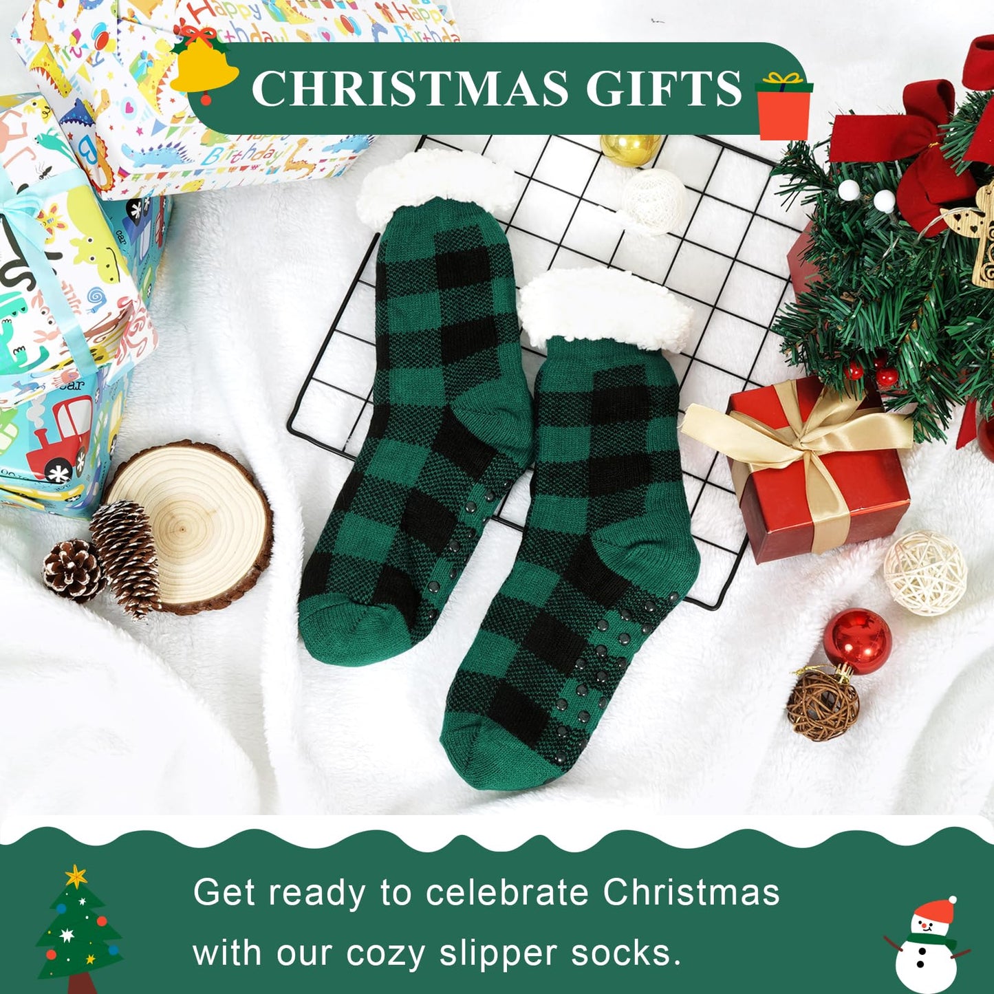 Junely Christmas Slipper Socks with Grippers for Women Non Slip Fuzzy Fluffy Cozy Warm Soft Comfy Thick Fleece Cabin Socks Green Buffalo Plaid