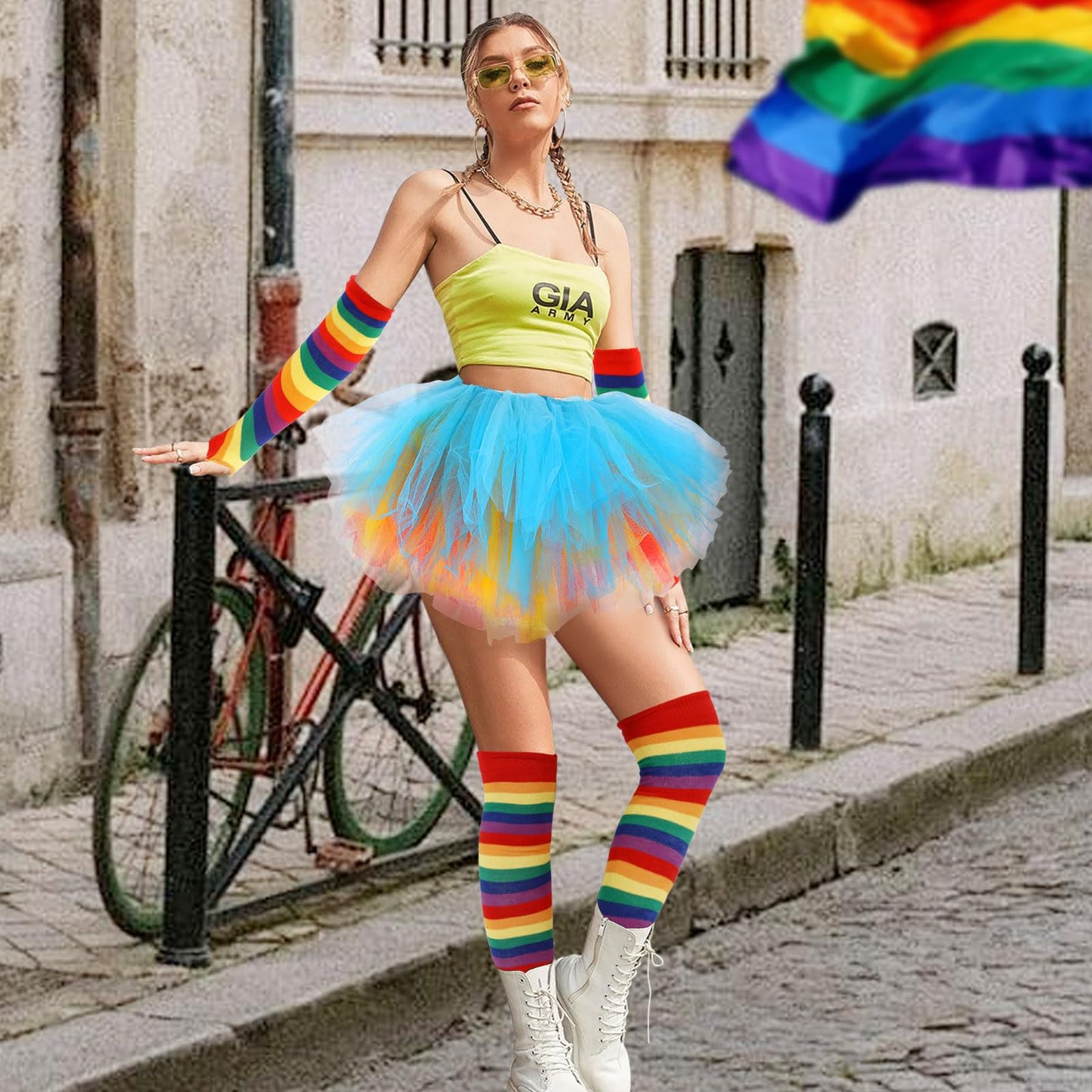 Junely Rainbow Tutu for Women Adults Striped Thigh High Socks Fingerless Gloves Pride Day Halloween Costumes Accessories