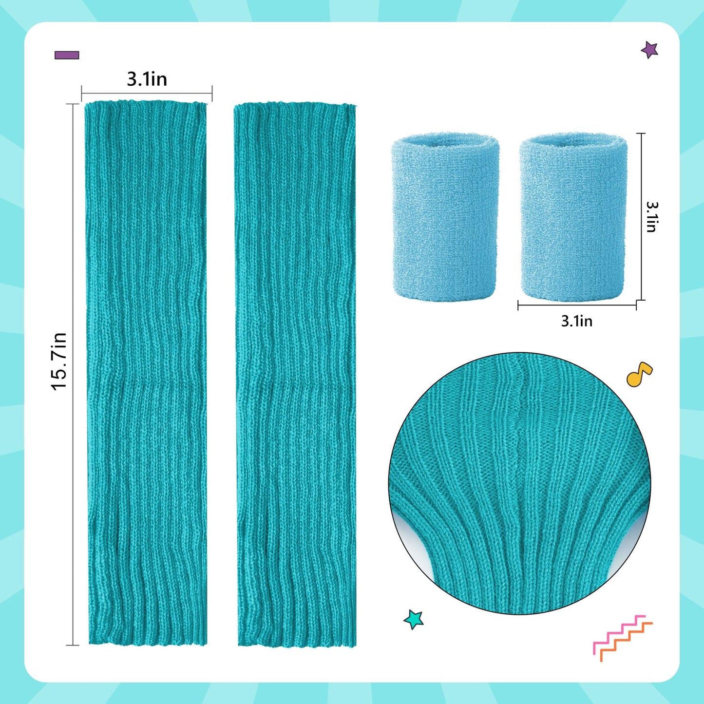 Junely 80s Accessories for Women Neon Leg Warmers Headband and Wristbands Set Knit Legwarmers for Ballet Dance Figure Skating Ice Skating Boot Blue