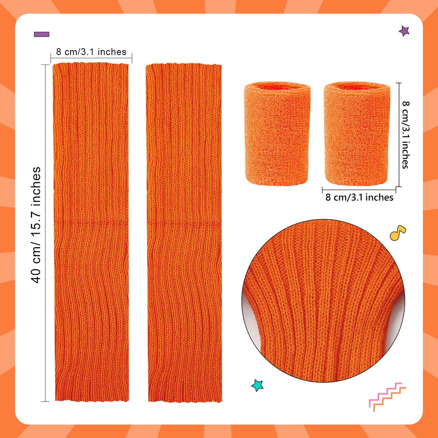 Junely 80s Accessories for Women Neon Leg Warmers Headband and Wristbands Set Knit Legwarmers for Ballet Dance Figure Skating Ice Skating Boot Orange